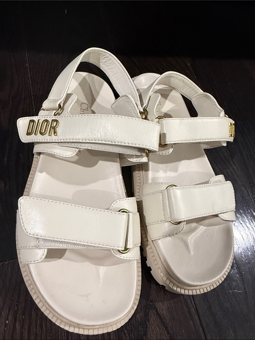 Dior Cream Leather Velcro Strap Sandals with Gold Logo